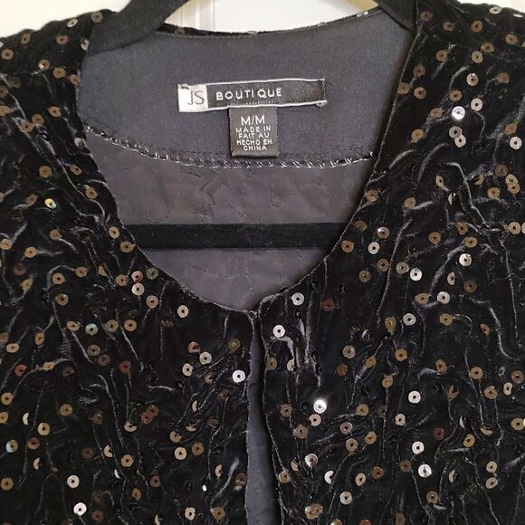 J S Boutique Sequined Quilted Stretch Velvet Special Occasion Jacket Black NWT - Picture 7 of 10
